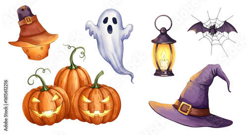 Halloween Isolated Illustration Features Ghost Pumpkin Bat And Witch Hat