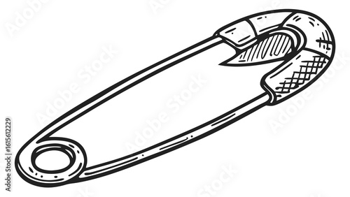 A black and white drawing of a safety pin showing the clasp and the coiled end of the pin design clearly