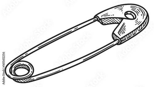 Illustration of a metal safety pin with a coiled end and a clasp, isolated on a white background