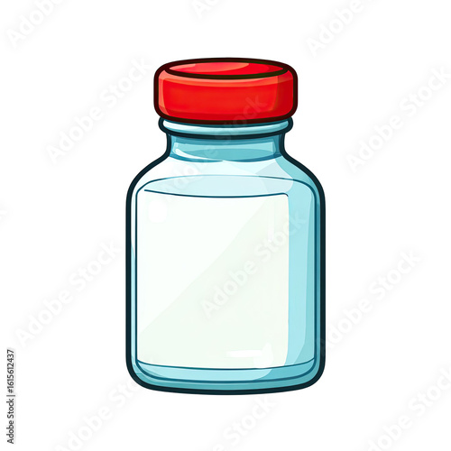 A clear glass medicine bottle with a red cap