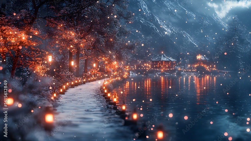 Fototapeta premium A tranquil snowy mountain pass with a winding path lined by glowing lanterns, leading towards a pagoda-like structure and reflecting in a calm lake at night