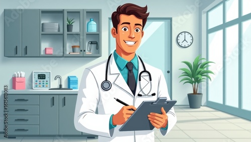 Smiling doctor holding a clipboard in a medical office.