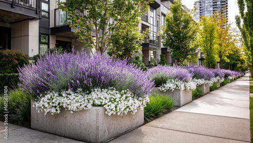 Modern townhomes with lavender and white flower planters