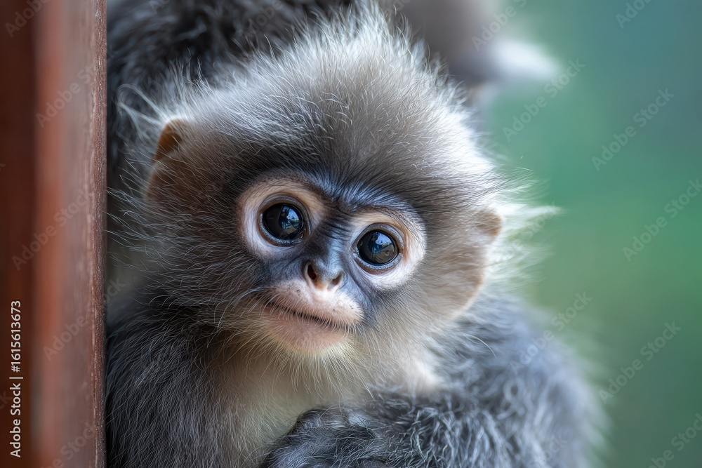 Obraz premium Young Dusky Leaf Monkey with her family on a balcony shot with shallow focus