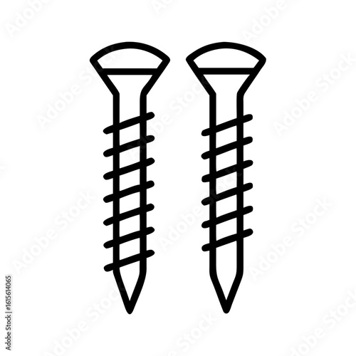 A line art icon depicting two screws. This image could be used by websites and blogs related to DIY, construction, home improvement, carpentry, or hardware.

