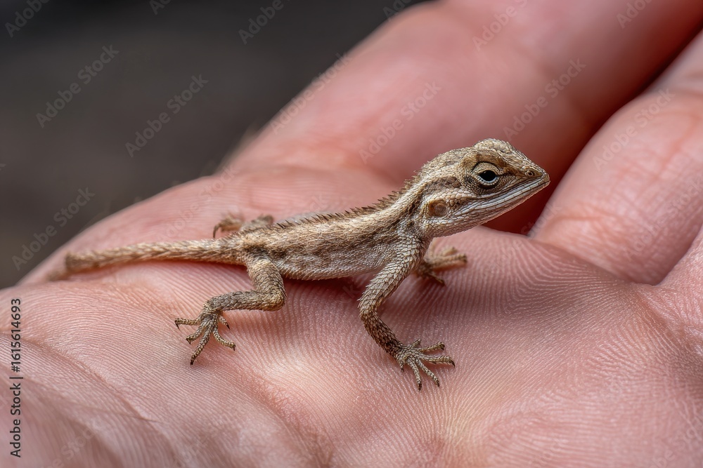 Naklejka premium Young lizard Agamidae on left hand
