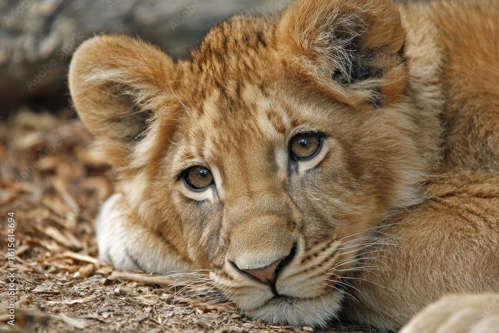 Fototapeta premium Young lion reclining and staring at the camera