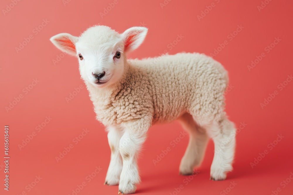 Fototapeta premium Tiny newborn lamb standing unsteadily with soft wool
