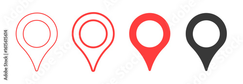 Location pin and map marker icon set in flat, outline, and filled styles, including GPS navigation pointer symbols, red address pins, and geolocation markers for interface, web map, and mobile navigat
