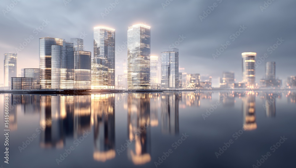 Obraz premium Modern city skyline reflected in calm water