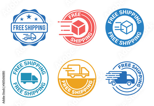 Colorful Free Shipping Icons set, Delivery Truck and Package Graphics for Ecommerce