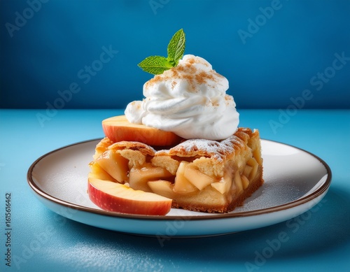 delicious apple betty dessert served with whipped cream on a serene blue background