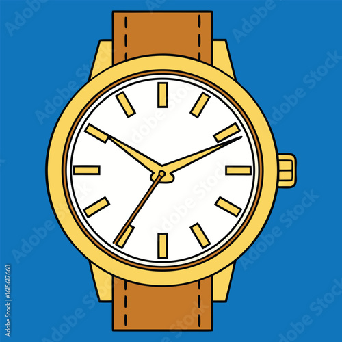 Illustration of a Gold Watch with Brown Leather Strap and White Face