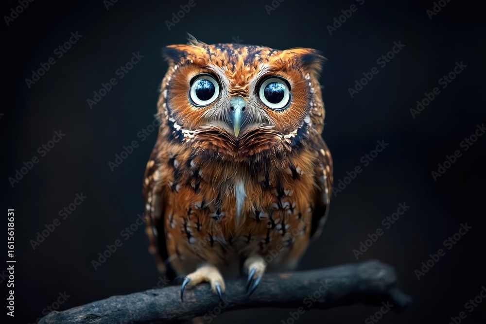 Fototapeta premium Amazed owl with tilted head on dark background