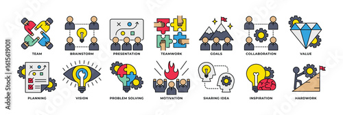 Icon Set of Teamwork, Brainstorm, Presentation, Goals, Collaboration, Value, Planning, Vision and more. Icon Line Color Style