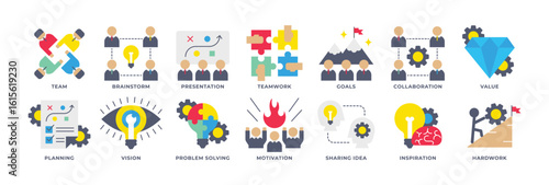 Icon Set of Teamwork, Brainstorm, Presentation, Goals, Collaboration, Value, Planning, Vision and more. Icon Flat Style
