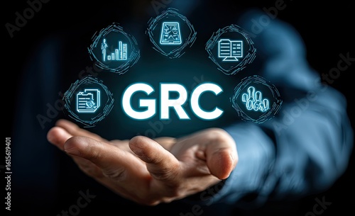 Hand holding GRC acronym with data icons