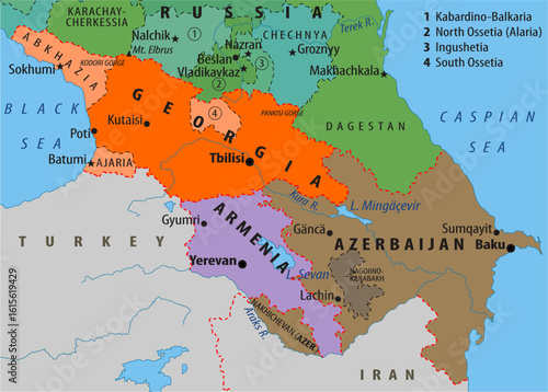 Vector political, physical, geographical
world map. Fragment of asia region with 
georgia, azerbaijan, armenia, chechnya, dagestan,
abkhazia, ajaria, nakhichevan, nagorno karabakh,
ossetia, ingushetia