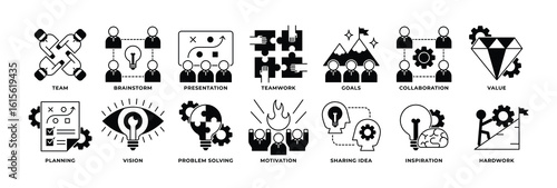 Icon Set of Teamwork, Brainstorm, Presentation, Goals, Collaboration, Value, Planning, Vision and more. Icon Mixed Style