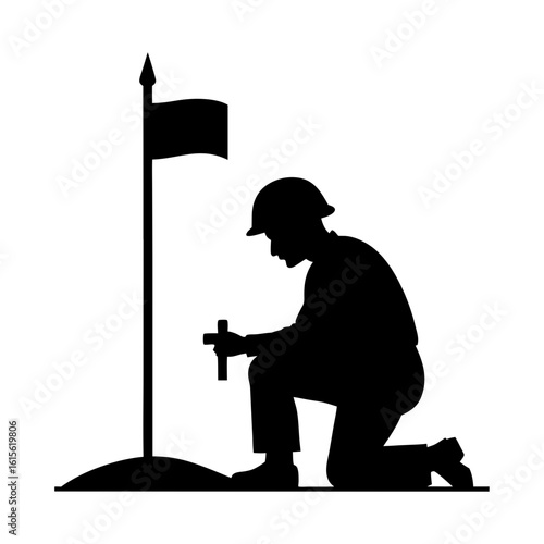 soldier kneeling in front of a grave with a flag vector art