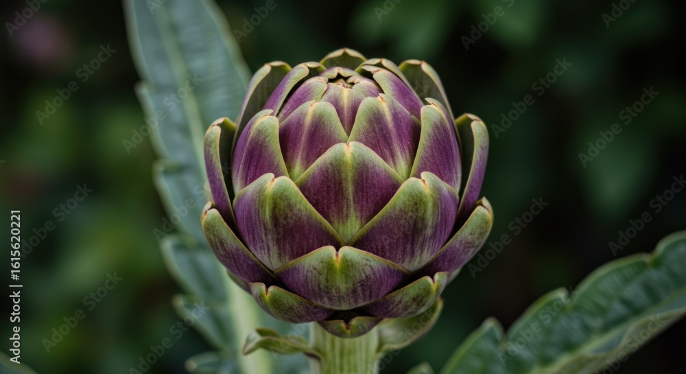 Obraz premium Close-up of a fresh artichoke growing in a garden setting.