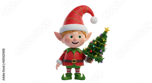 Illustration Of A Cheerful Elf Holding Decorated Christmas Tree