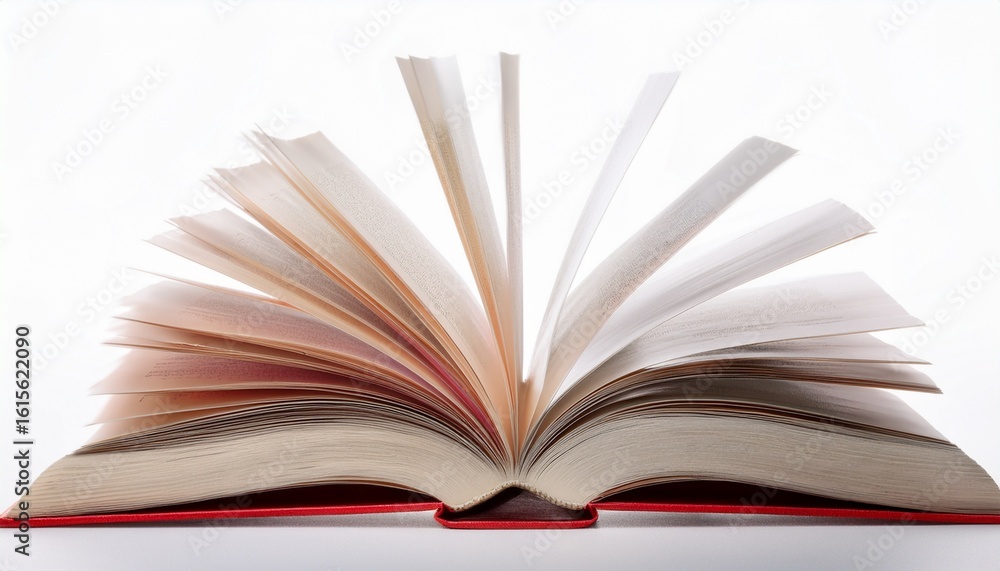 an open book with red cover and flying pages against in a studio shot composition white background an open book with red cover and flying pages against in a studio shot composition white background