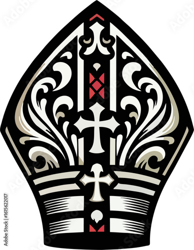 Gothic Style Pope Mitre Vector with Crosses and Ornamental Flourishes in Black, White, and Red