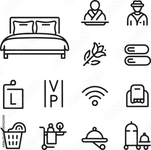 Luxury Hotel Icon Pack in Line Art – Bellhop, Suite Room, Bathrobe, Spa, Parking, Laundry, Wi-Fi, Room Service, and Housekeeping Symbols