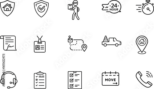 Minimalist moving services and safety icon set for relocation and logistics