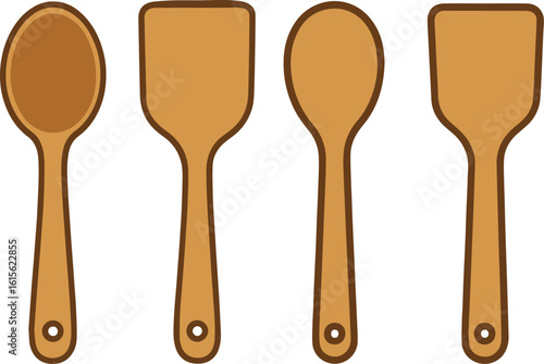 A set of isolated traditional wooden kitchen utensils, including spoons, a fork, and a spatula, for cooking