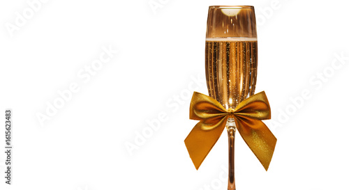 Isolated Champagne Glass Illustration With Golden Bow On Transparent Background