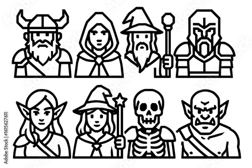Fantasy RPG Character Icons Set – Wizard, Knight, Elf, Cleric, Demon, Viking, Hero