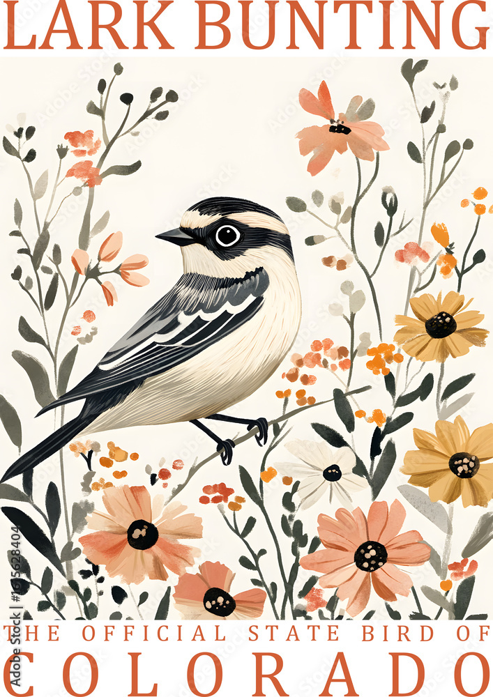 Fototapeta premium Colorado State Bird Lark bunting Wall Hanging Home Decoration Poster, State Birds Gallery Wall Art