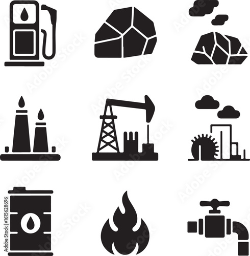 Energy Sector Solid Icon Set – Fossil Fuels and Extraction Equipment