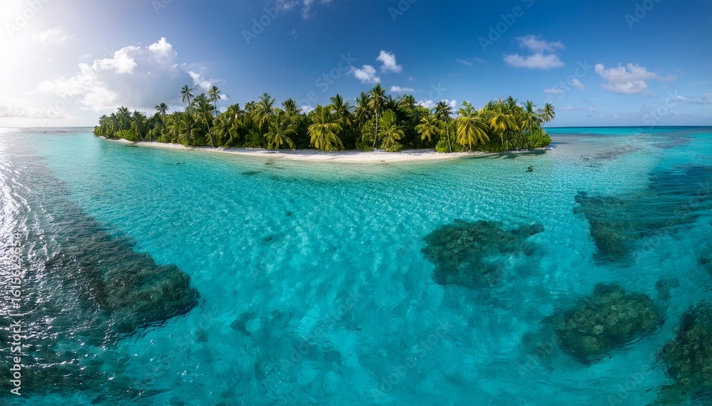 Fototapeta premium described view of crystal clear turquoise waters surrounding a lush tropical island covered in swaying palm trees island water