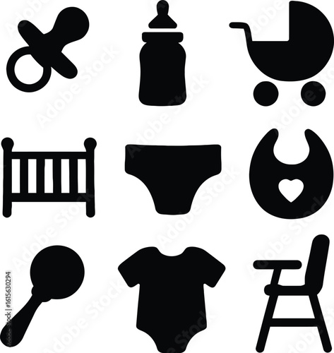 Collection of black baby care icons pacifier bottle stroller crib diaper bib rattle onesie high chair