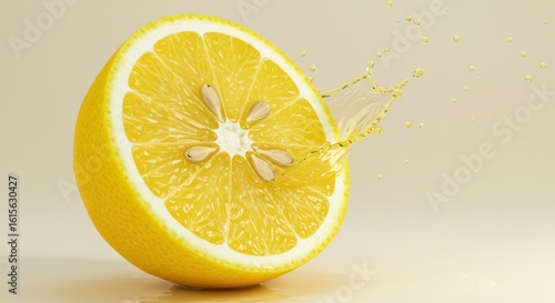 Half a fresh lemon splashing juice on a beige background