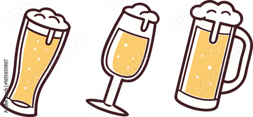 Beer Glass and Mug Icon Set, Craft Beer Vector Illustration Collection
