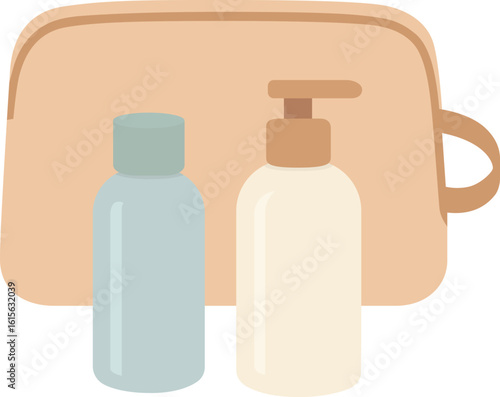 Travel toiletry bag with blue bottle and cream pump bottle, minimalist style, personal care essentials for travel organization