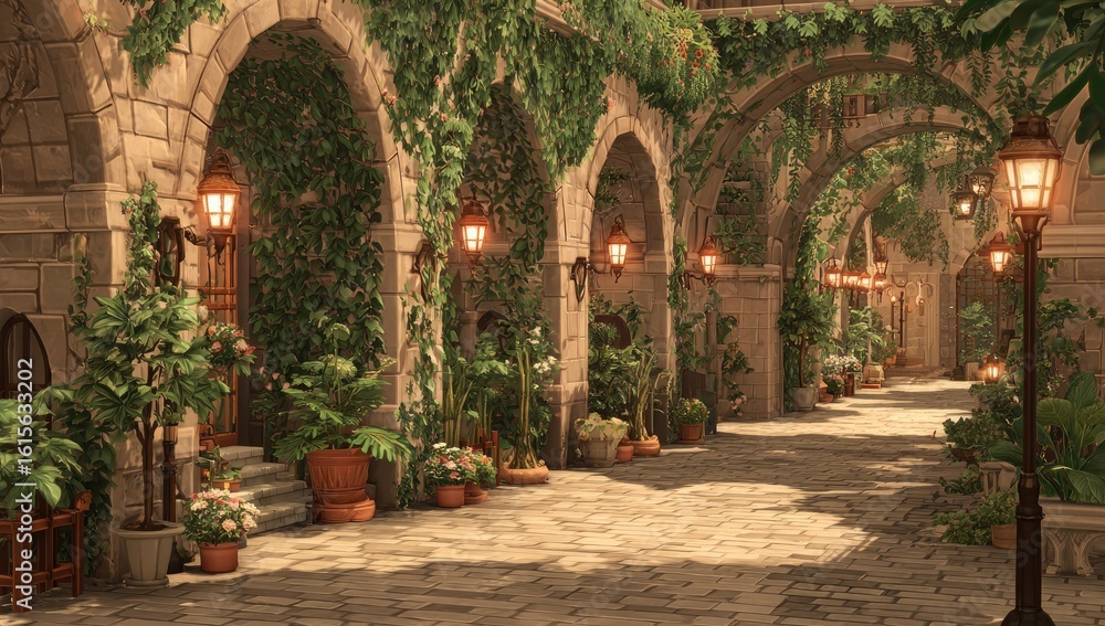 Fototapeta premium Sun-drenched alleyway with arches, vines, and plants