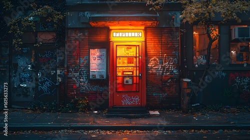 A vintage payphone booth glows with a mysterious red neon light on a dark, graffiti-covered brick wall in an urban street at night