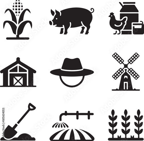 Rural Farming Silhouettes – Crops, Animals, Equipment, Farmer, Greenhouse, Windmill, Milk Can, Soil, and Irrigation Symbols