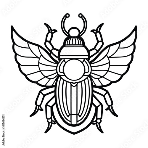 Sacred Scarab Beetle Art Line Drawing Egyptian Mythology Insect on White Background