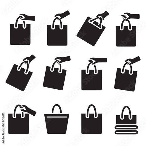 Vector art of a collection of twelve black and white icons showing hands holding shopping bags from different angles