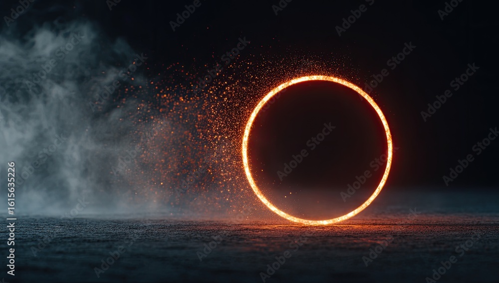 Obraz premium Fiery ring of light on dark surface, surrounded by smoke and sparks