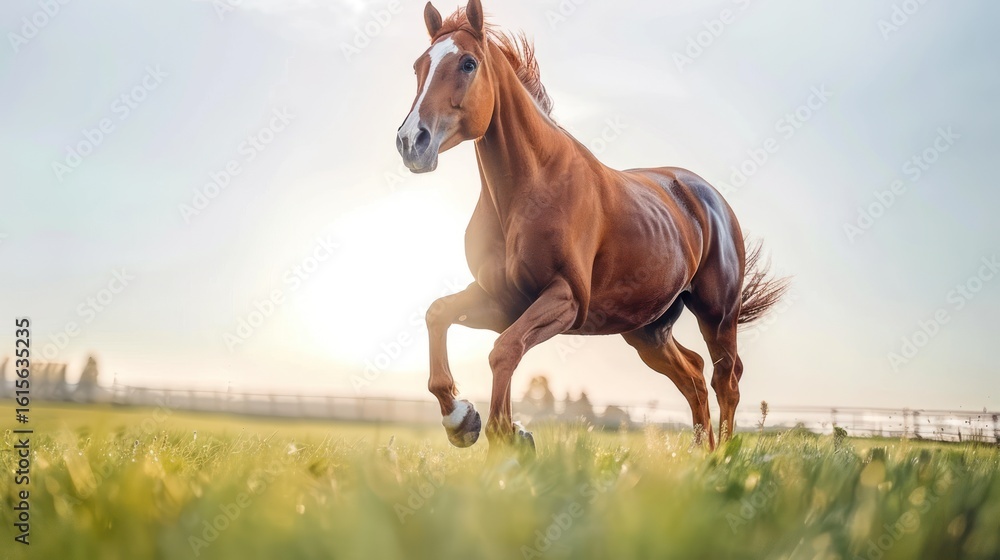 Fototapeta premium A chestnut horse running across a grassy field at sunrise