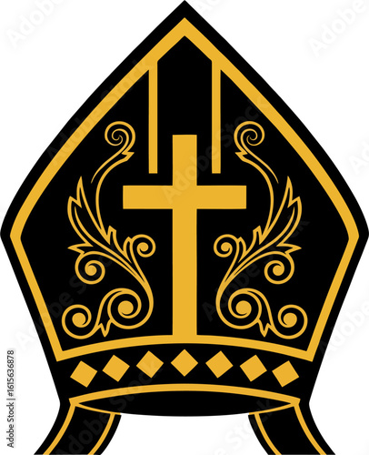 Elegant Black and Gold Pope Mitre Vector with Central Cross and Baroque Flourishes