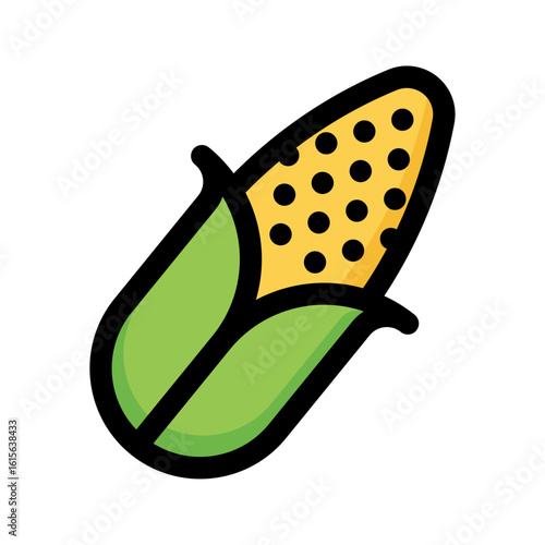 Stylized icon of a fresh ear of corn with a green husk. Vector illustration of a healthy vegetable for agriculture and food concepts.