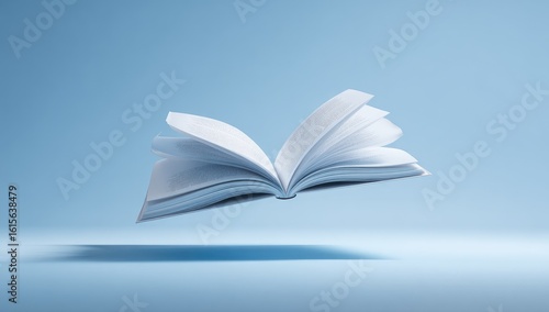 Open book floating in mid-air against a light-blue backdrop